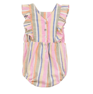 The Arsene & Les Pipelettes Baby Girls' Bayaderes Stripe Romper showcases pastel vertical stripes, front buttons, and charming ruffled sleeves, all set against a white background. This adorable cotton romper adds a sweet touch to any little one's wardrobe.
