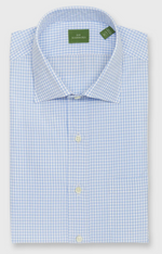 A neatly folded Sid Mashburn Spread Collar Dress Shirt in light blue and white checks with a button-down front and a green label at the collar.