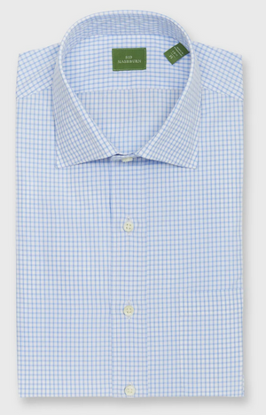 A neatly folded Sid Mashburn Spread Collar Dress Shirt in light blue and white checks with a button-down front and a green label at the collar.
