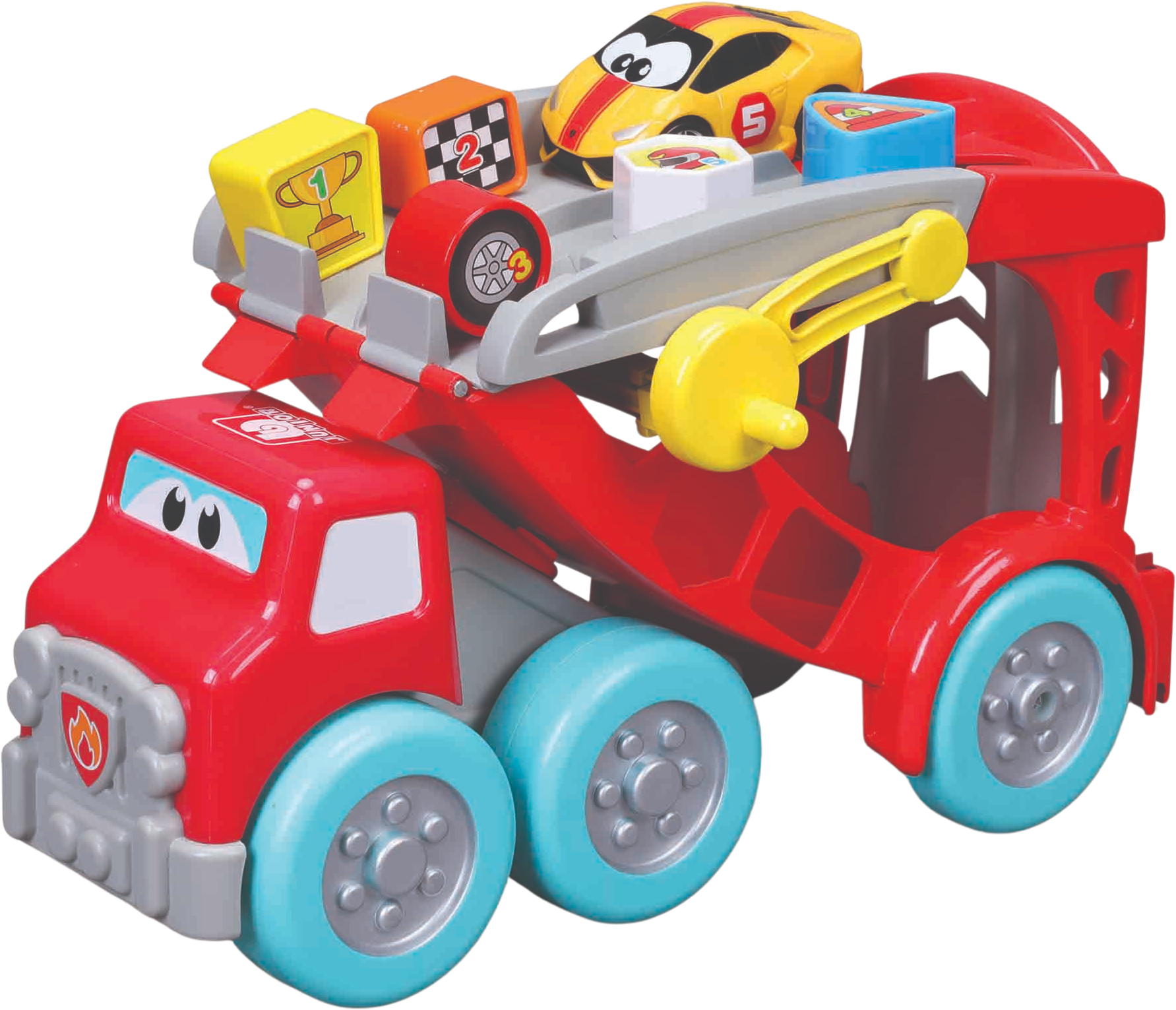 The Maisto My 1st Collection Racing Transporter is a vibrant red toy truck with playful cartoon eyes, carrying a yellow Lamborghini Huracán race car and colorful blocks decorated with trophies and numbers.