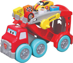 The Maisto My 1st Collection Racing Transporter is a vibrant red toy truck with playful cartoon eyes, carrying a yellow Lamborghini Huracán race car and colorful blocks decorated with trophies and numbers.