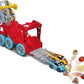 The Maisto My 1st Collection Racing Transporter toy truck features a red ramp that launches two small cartoon cars, sending them crashing into colorful blocks decorated with fun images of road signs and objects—perfect for young fans of speedy vehicles like the Lamborghini Huracán.