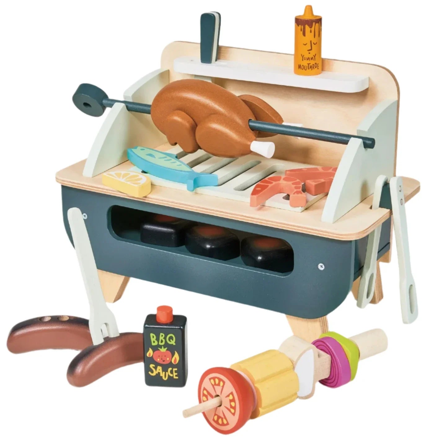 The Tender Leaf Barbeque Play Set from Tender Leaf Toys includes a wooden barbecue toy with a removable grill, skewers, tongs, sauce bottles, and grilled food pieces like sausages and vegetables, ideal for imaginative play.