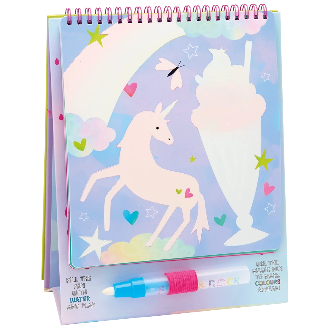 Floss and Rock’s Fantasy Easel Watercard and Pen is a pastel-colored, spiral-bound activity pad featuring unicorns, hearts, stars, and clouds. With a refillable magic water pen attached at the bottom, this reusable coloring pad is the perfect portable kids art set for creative fun anywhere.