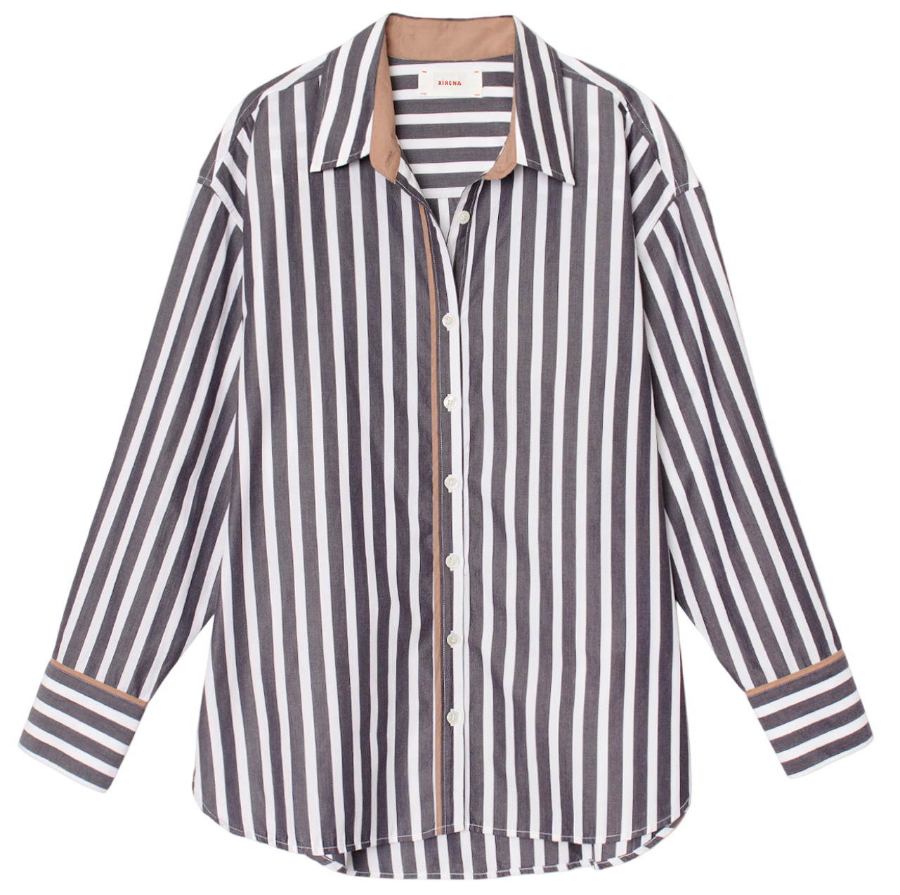 The Gillian Shirt by Xirena is a relaxed, long-sleeve cotton shirt featuring vertical black, white, and brown stripes with a classic collar and cuffs.
