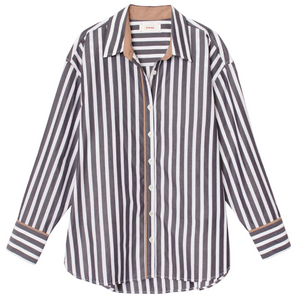 The Gillian Shirt by Xirena is a relaxed, long-sleeve cotton shirt featuring vertical black, white, and brown stripes with a classic collar and cuffs.