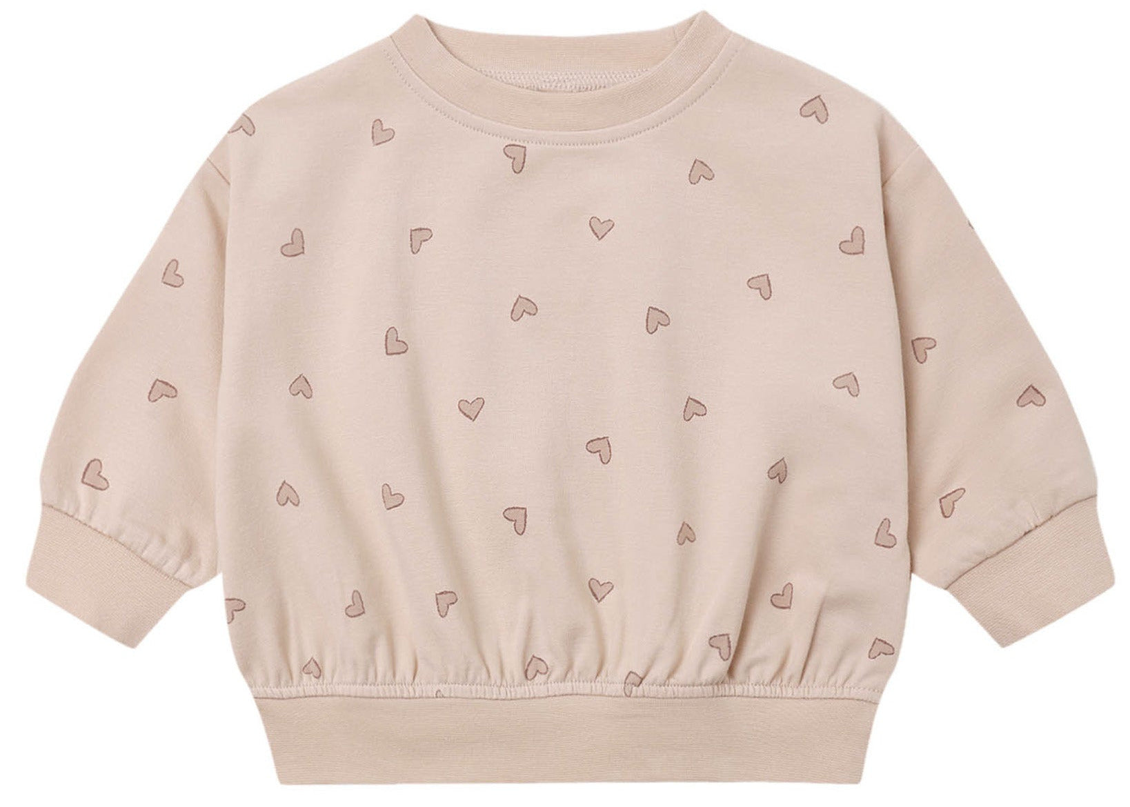 Quincy Mae’s Baby Girls’ and Girls’ Relaxed Sweatshirt in light beige features small, scattered heart outlines and ribbed cuffs, hem, and crew neckline—a cozy essential for any little one’s wardrobe.