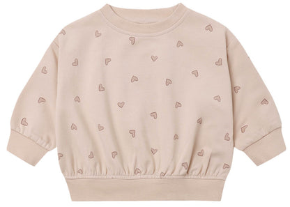Quincy Mae’s Baby Girls’ and Girls’ Relaxed Sweatshirt in light beige features small, scattered heart outlines and ribbed cuffs, hem, and crew neckline—a cozy essential for any little one’s wardrobe.