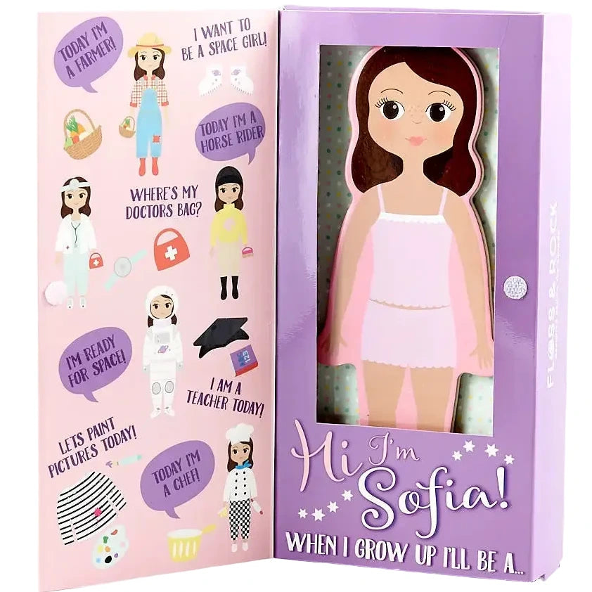 The Sophia Magnetic Dress Up Character by Floss and Rock is an interactive children’s set featuring a magnetic doll named Sophia and a variety of outfits representing careers such as farmer, doctor, chef, artist, teacher—even an astronaut. With vibrant illustrations and engaging text inside, this magnetic dress up set sparks imaginative play and introduces little ones to exciting role play through mix-and-match costumes for every adventure.