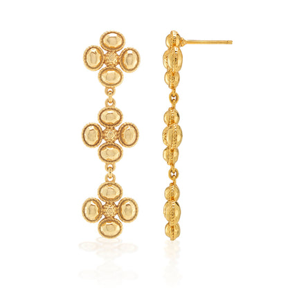 The Berry Clover Linear Earrings by Juliska Capucine De Wulf showcase three flower-shaped gold clusters with rounded petals, seen from the front and side—a charming addition to any gemstone jewelry collection.