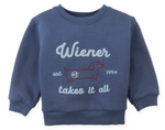 Gingersnaps Baby Boys’ Riccardo Pullover—a cozy blue fleece sweatshirt showcasing an embroidered dachshund outlined in red and “Wiener takes it all est 1994” on the front.
