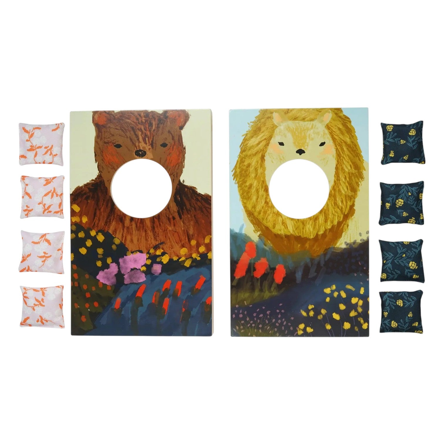 The Wild Ones Bean Toss by Manhattan Toy stands out with two patterned boards featuring bear and lion designs, plus six orange and six dark blue bean bags arranged on each side.