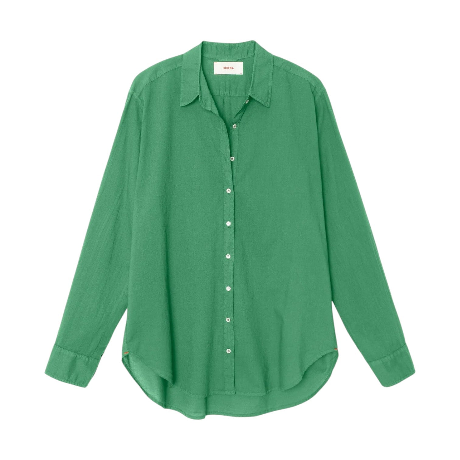 The Xirena Beau Shirt is a green, long-sleeve button-up made from lightweight cotton poplin with a collar, shown against a white background.