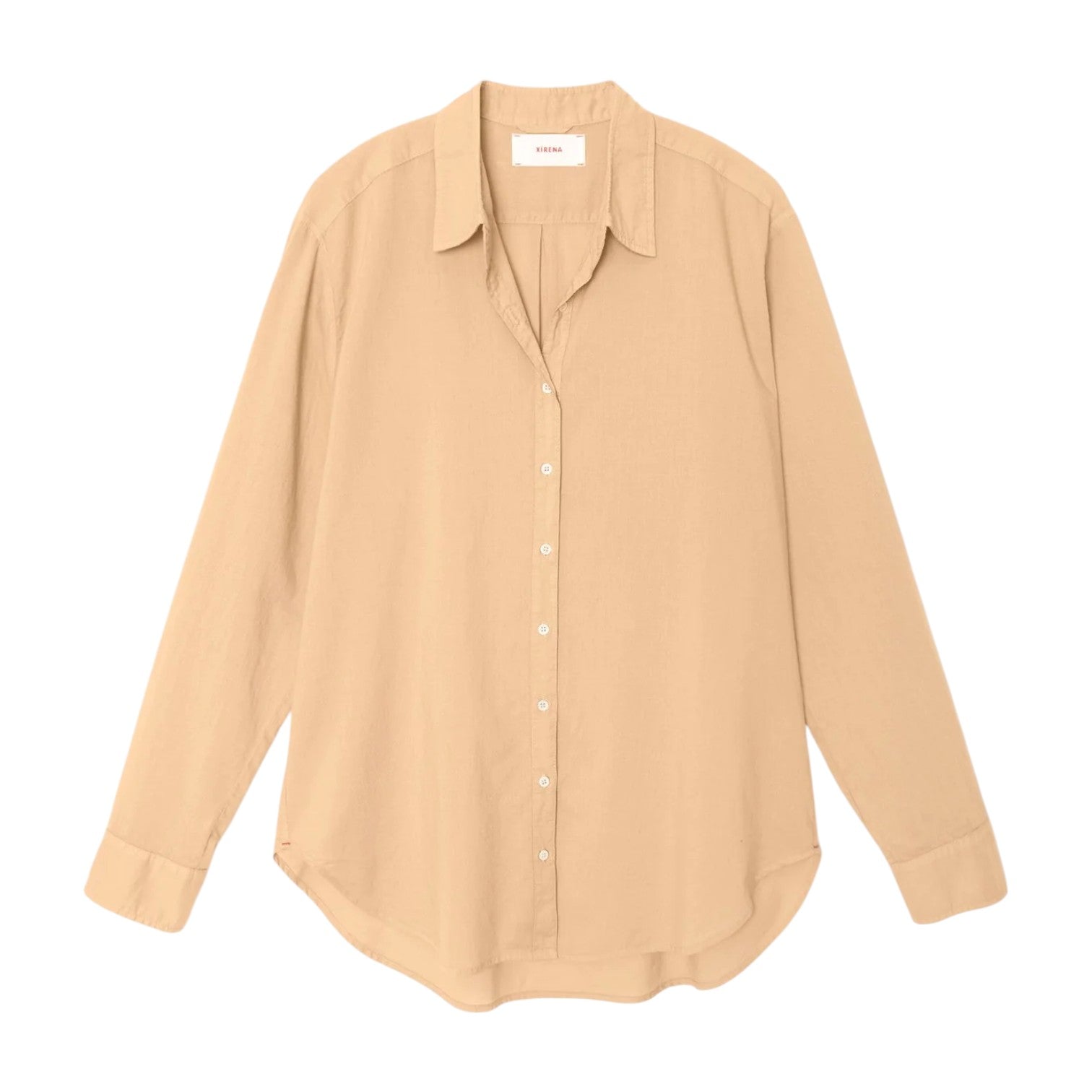 The Beau Shirt by Xirena, shown in beige on a white background, is menswear-inspired with long sleeves, a classic collar, and made from lightweight cotton poplin.