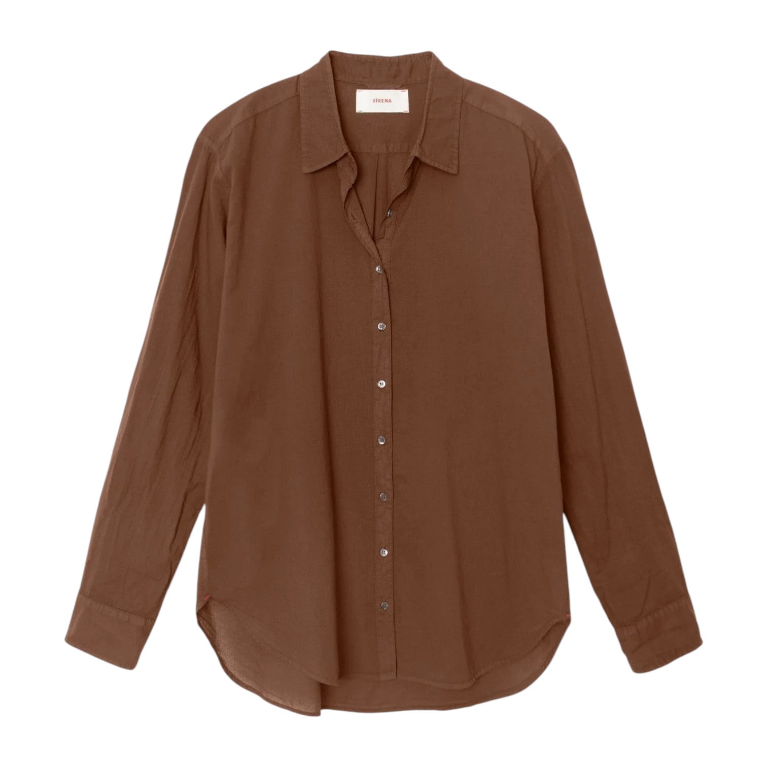 The Xirena Beau Shirt is a brown, long-sleeve button-up with a collar, made from lightweight cotton poplin and shown flat on a white background.
