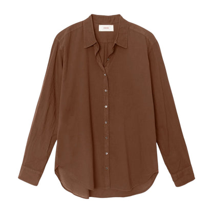 The Xirena Beau Shirt is a brown, long-sleeve button-up with a collar, made from lightweight cotton poplin and shown flat on a white background.