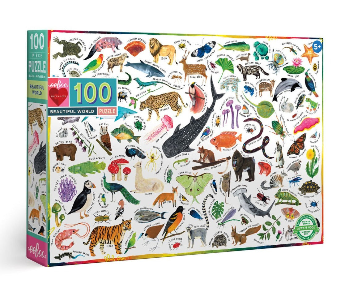 The eeboo Beautiful World 100 Piece Puzzle, designed by Eeboo, is an educational jigsaw puzzle that showcases vibrant illustrations of diverse flora and fauna. Featuring depictions of animals, plants, and sea creatures, it's perfect for anyone aged 5 and up.