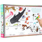 Box of the eeboo Beautiful World 100 Piece Puzzle, by Eeboo, an educational jigsaw that showcases diverse fauna such as sea nettles, a whale shark, and a leopard. The scattered pieces come together to unveil a phrase celebrating earthly wonders.