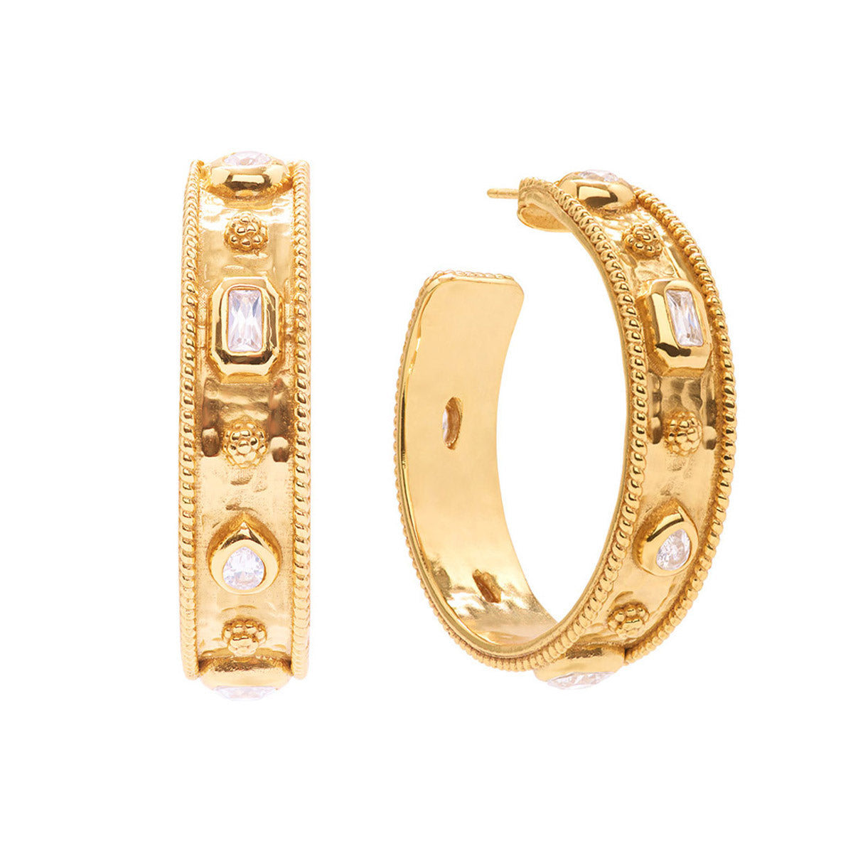 The Berry Hoop Earrings by Juliska Capucine De Wulf feature hammered gold hoops with raised details and clear gemstones, displayed from front and side angles on a white background.