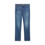 Introducing the L’Homme Slim Denim by Frame—a pair of slim-fit blue jeans made from stretch denim, designed with a classic button and zip closure, functional front and back pockets, and subtle fading at the thighs for a comfortable yet tailored look.