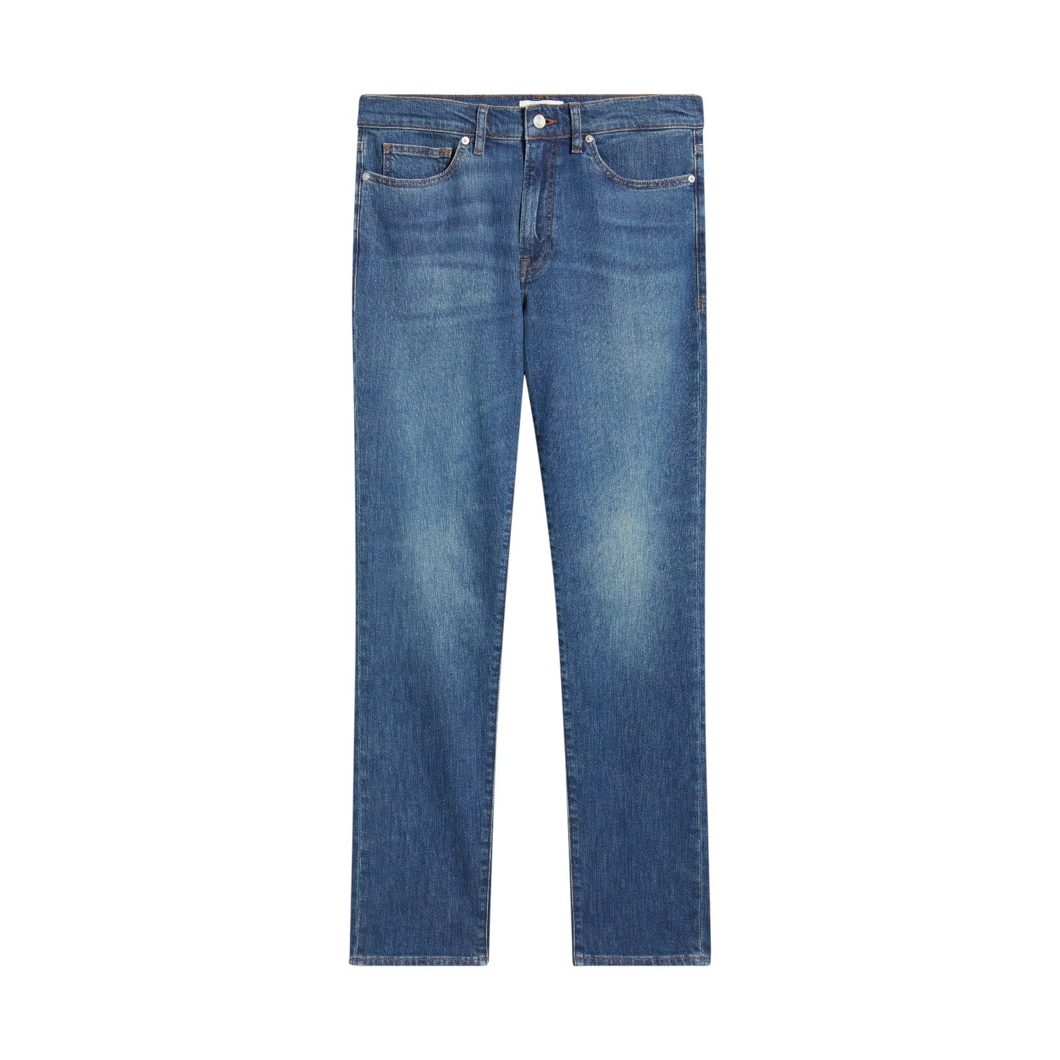 Introducing the L’Homme Slim Denim by Frame—a pair of slim-fit blue jeans made from stretch denim, designed with a classic button and zip closure, functional front and back pockets, and subtle fading at the thighs for a comfortable yet tailored look.