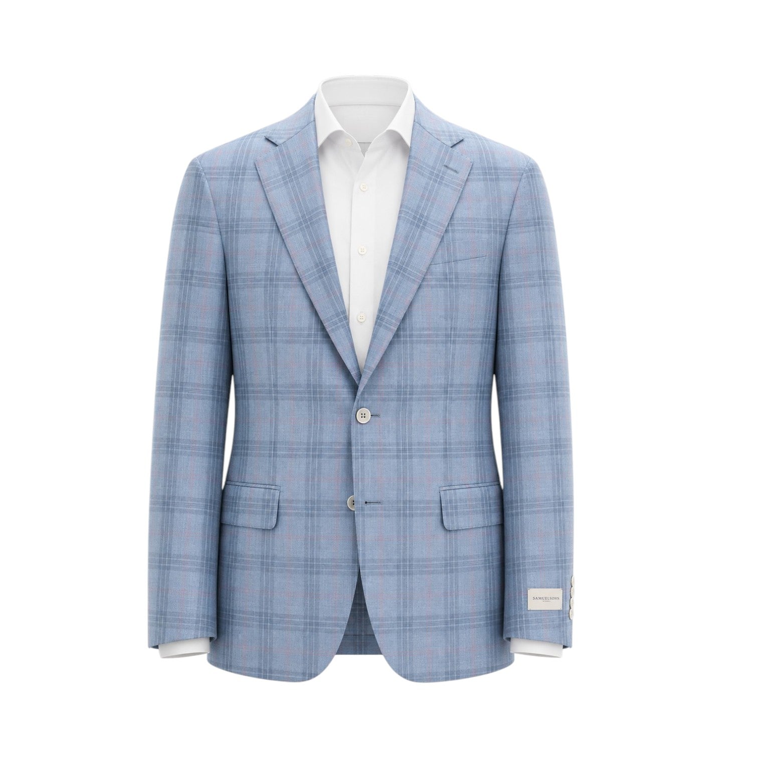 The Samuelsohn Bennet Contemporary Fit Blazer, crafted from fine Italian fabric in a light blue plaid, features notched lapels, two front pockets, and a two-button closure. Shown layered over a white dress shirt and set against a plain white background.