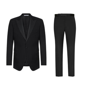 The Samuelsohn Bennet Black Honeyway Contemporary Fit Tuxedo features a single-breasted blazer with satin peak lapel and tailored trousers, crafted from luxurious Super 150s fabric.