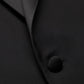 Close-up of a black Samuelsohn Ice Wool fabric with a button, focusing on the texture and fold of the material.