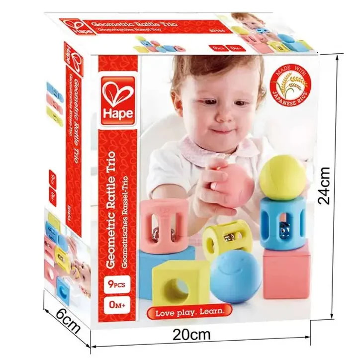 The Hape Geometric Rattle Trio, inspired by Froebel Gifts, features colorful baby rattles that encourage hand-eye coordination. Suitable from birth. Box size: 24 x 20 x 6 cm.