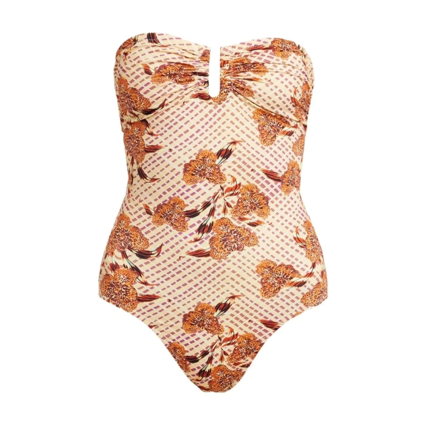 The Ulla Johnson Monterey Maillot One Piece swimsuit features a V-notch, almost sweetheart neckline, with an orange floral pattern set against a cream and pink checkered background.