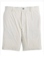 The Johnnie-O Fusionn Short is a light beige, knee-length chino style featuring belt loops, a button closure, and a zip fly, displayed flat on a white background.