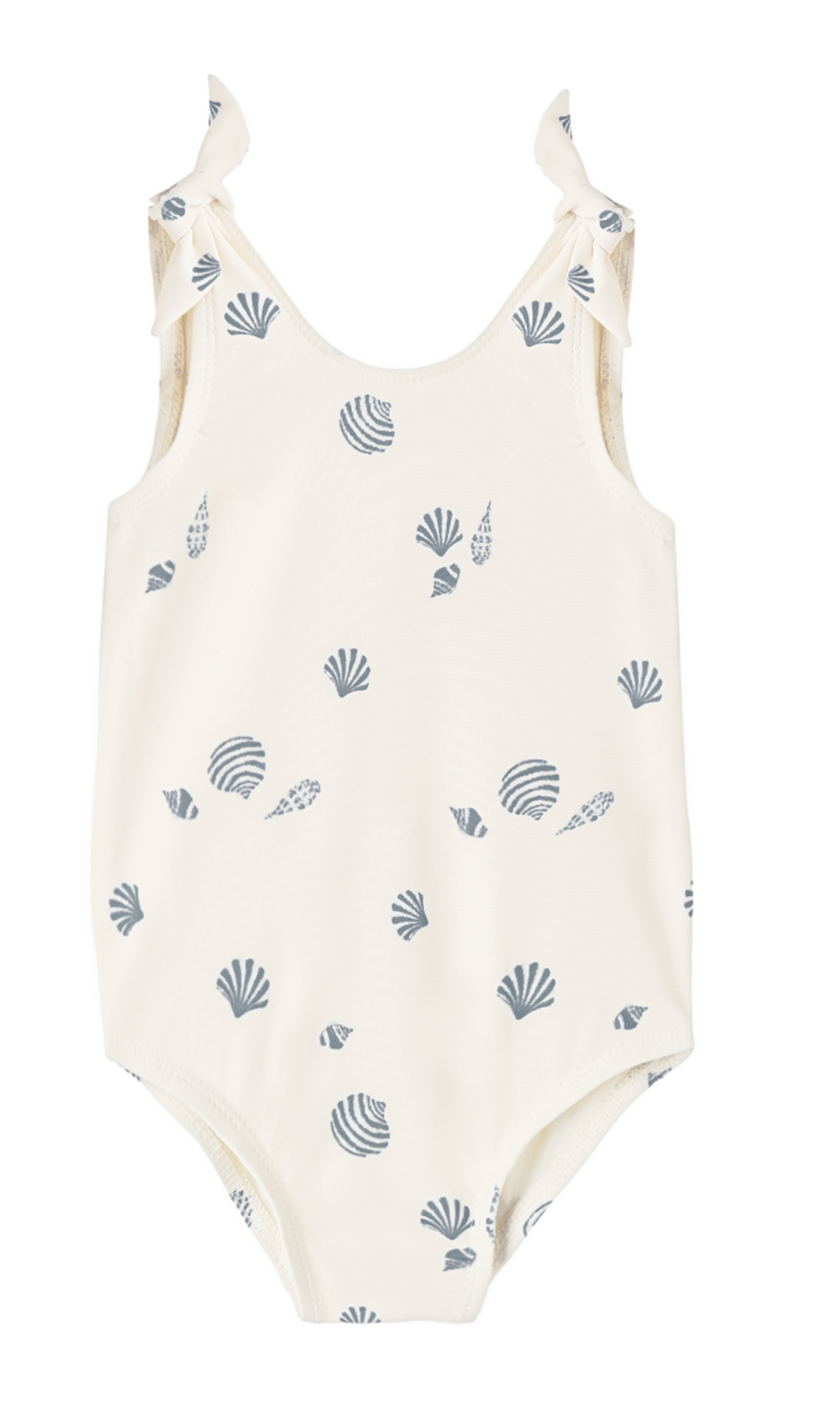 The Baby Girls' and Girls' Mille One-Piece by Rylee & Cru is a white sleeveless swimsuit with a blue seashell print and shoulder ties, shown on a plain background.