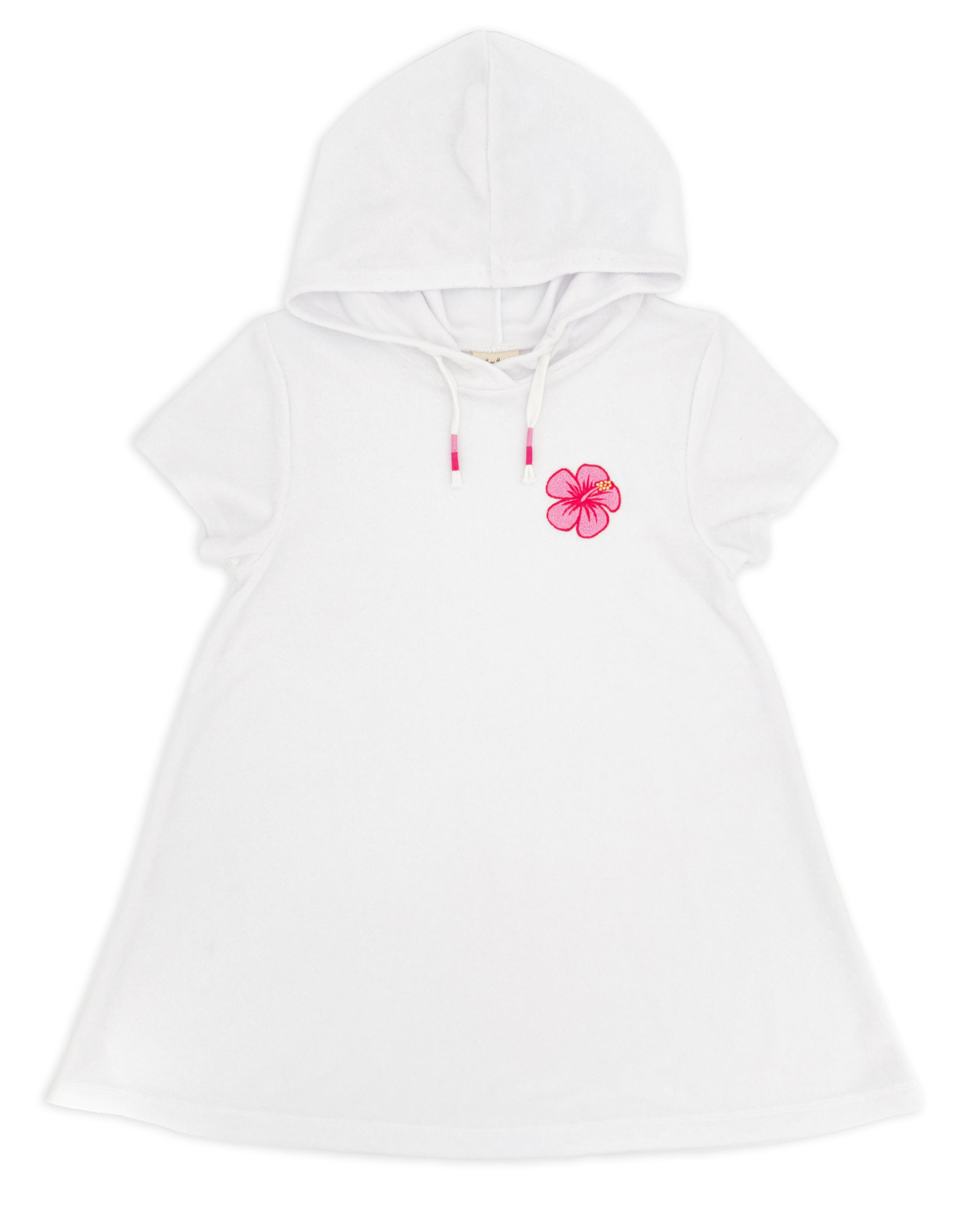 Feather 4 Arrow’s Girls’ Summer Vibes Cover Up is a white, short-sleeve hooded terry dress with a drawstring and delicate pink hibiscus embroidery on the left chest.