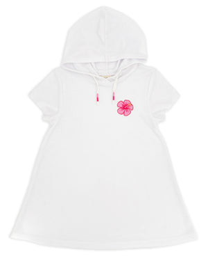 Feather 4 Arrow’s Girls’ Summer Vibes Cover Up is a white, short-sleeve hooded terry dress with a drawstring and delicate pink hibiscus embroidery on the left chest.