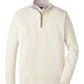 The Peter Millar Artisan Crafted Cashmere Flex Quarter-Zip, inspired by British Isles knitwear, is layered over a collared checkered shirt and laid flat on a white background.