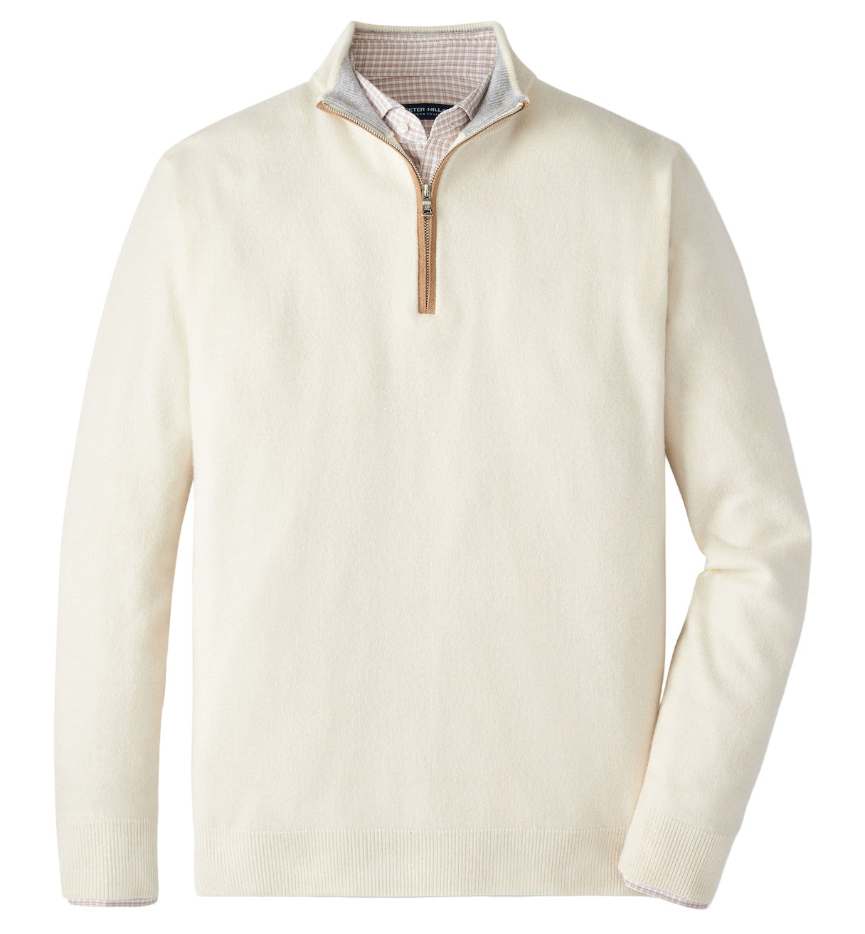 The Peter Millar Artisan Crafted Cashmere Flex Quarter-Zip, inspired by British Isles knitwear, is layered over a collared checkered shirt and laid flat on a white background.