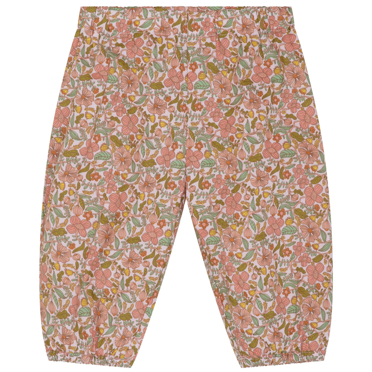 Introducing the Serendipity Baby Light Woven Pants: loose-fitting, baggy baby pants with an elastic waistband and cuffs, showcasing a charming all-over floral pattern in pink, green, and orange tones. Crafted from GOTS certified organic cotton, these pants offer a soft and sustainable choice for your little one.