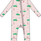 Angel Dear Baby Girl's 2-Way Bamboo Ruffle Back Zipper Footie features a golf-themed print with clubs, balls, flags, and putting greens, plus a convenient diagonal zipper for easy changes.