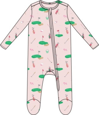 Angel Dear Baby Girl's 2-Way Bamboo Ruffle Back Zipper Footie features a golf-themed print with clubs, balls, flags, and putting greens, plus a convenient diagonal zipper for easy changes.