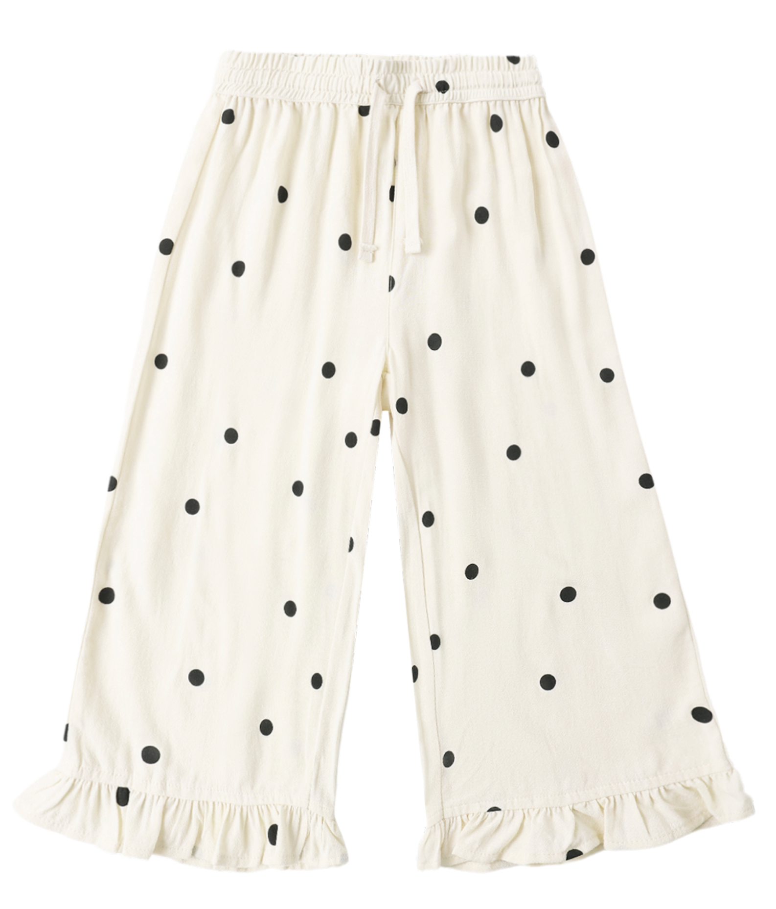 The Girls' Wide Leg Pant by Rylee & Cru, shown laid flat on a plain background, features a comfortable wide-leg silhouette in white with black polka dots, an elastic drawstring waist, and ruffled hems at the ankles.