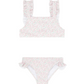 Minnow Girls' Ruffle Strap Bikini, Antique Floral by Minnow is a stylish two-piece swimsuit featuring a chic square-neck and antique floral pattern. It boasts ruffled shoulder straps on the top, ruffled sides on the bottom, and an adjustable back tie for a perfect fit.