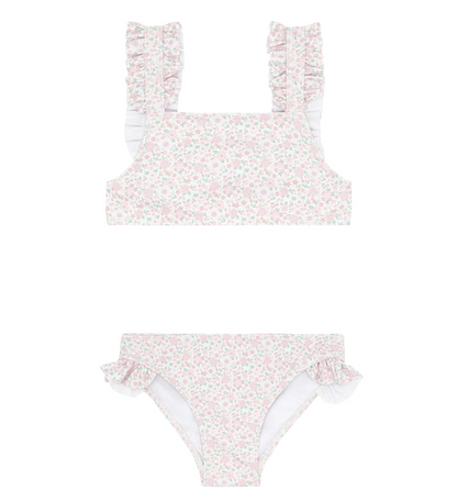 Minnow Girls' Ruffle Strap Bikini, Antique Floral by Minnow is a stylish two-piece swimsuit featuring a chic square-neck and antique floral pattern. It boasts ruffled shoulder straps on the top, ruffled sides on the bottom, and an adjustable back tie for a perfect fit.