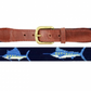 The Smathers & Branson Billfish Belt, Navy is a needlepoint belt featuring embroidered blue and yellow fish in a nautical pattern, crafted with Italian leather accents and finished with a gold buckle.