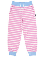 The Feather 4 Arrow Baby Girls’ and Girls’ Prism Stripe Pant showcases soft pink and white stripes with a light blue waistband, adjustable drawcord, and cuffs for a relaxed fit, displayed flat on a white background.