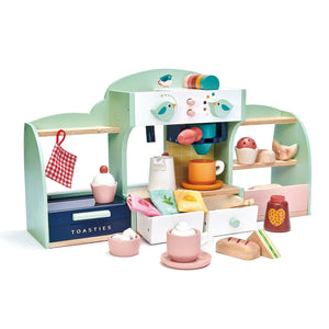 A Tenderleaf Bird's Nest Cafe toy kitchen set with cups, plates, and utensils. Includes accessories for pretend play and creative storytelling by Tender Leaf Toys.