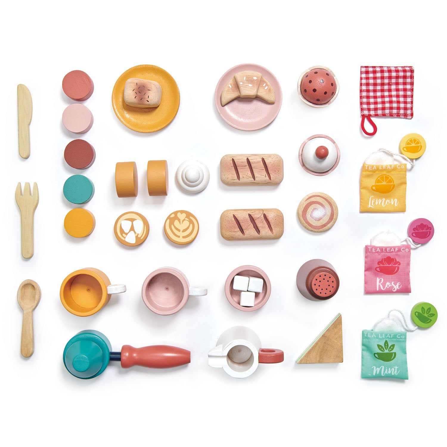 A collection of Tenderleaf Bird's Nest Cafe toys for creative storytelling, including accessories for pretend play at a coffee shop, photographed on a white background.