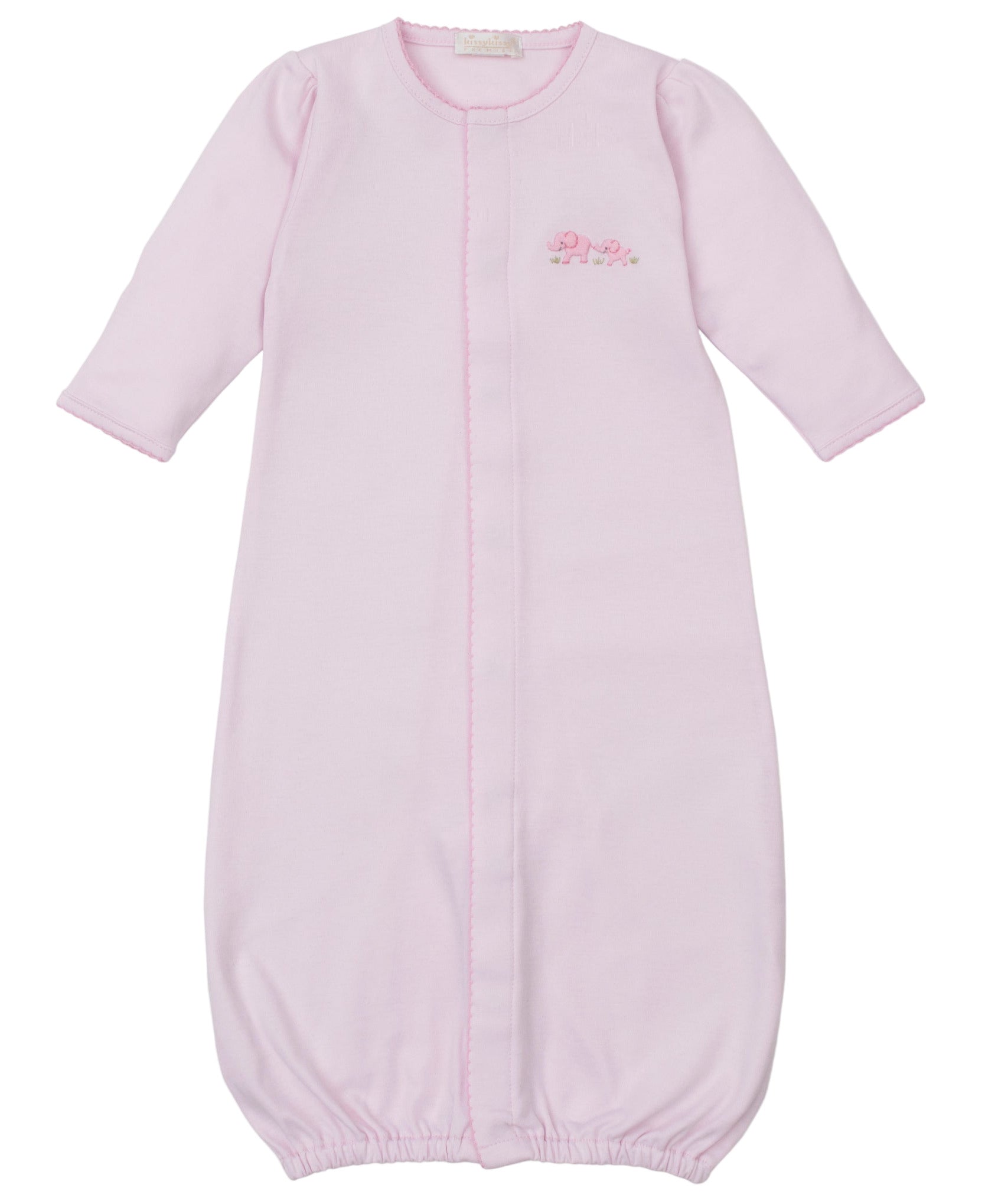 The Kissy Kissy Premier Elephant Esprit Convertible Gown features soft Pima cotton, long sleeves, an elastic hem, and a hand-embroidered elephant design on the left chest.