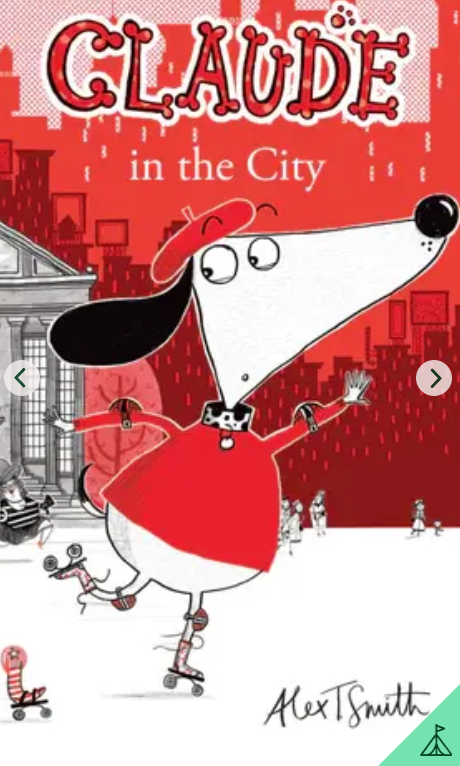 Sure! Here’s the rewritten sentence using your product data: Claude, the adventurous dog from “Yoto Card: Claude in the City” by Yoto, roller-skates through a vibrant city wearing his signature red beret and shirt. The book cover by Alex T. Smith features a lively red and white color scheme with children and buildings in the background.