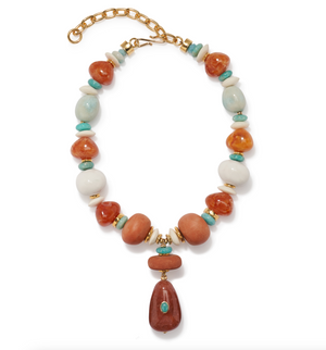 The Andamento Necklace by Lizzie Fortunato features multicolored beads in orange, white, turquoise, and gold with a bold central pendant and an adjustable gold chain—perfect for elevating any outfit.