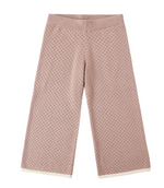 Rylee & Cru Girls’ Pointelle Knit Pant in pink features a wide-leg silhouette with a textured pointelle pattern, ribbed waistband, and white scalloped hem, shown laid flat on a white background.